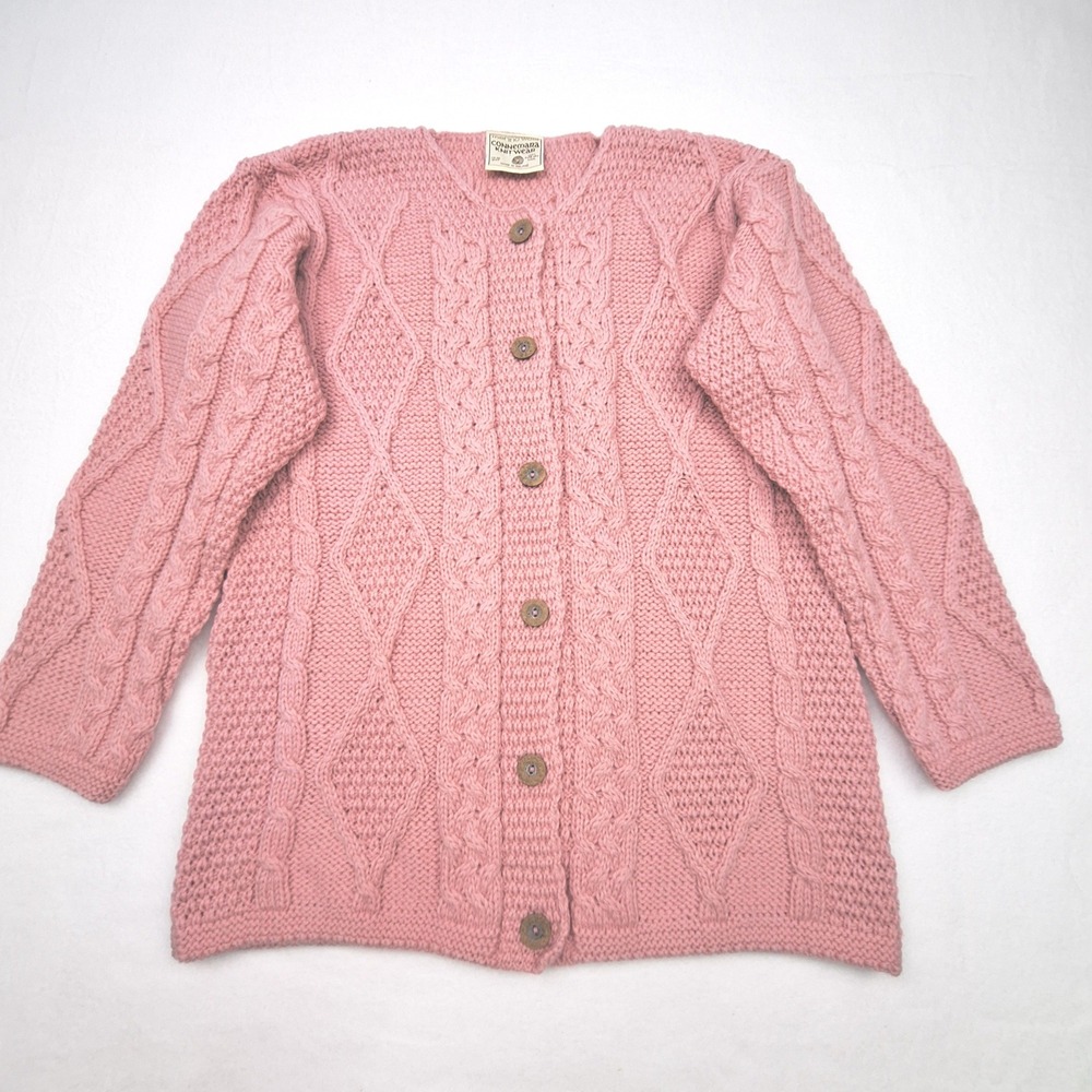 Connemara Knitwear Cardigan Womens Small Pink Cable Knit Merino Wool Ireland